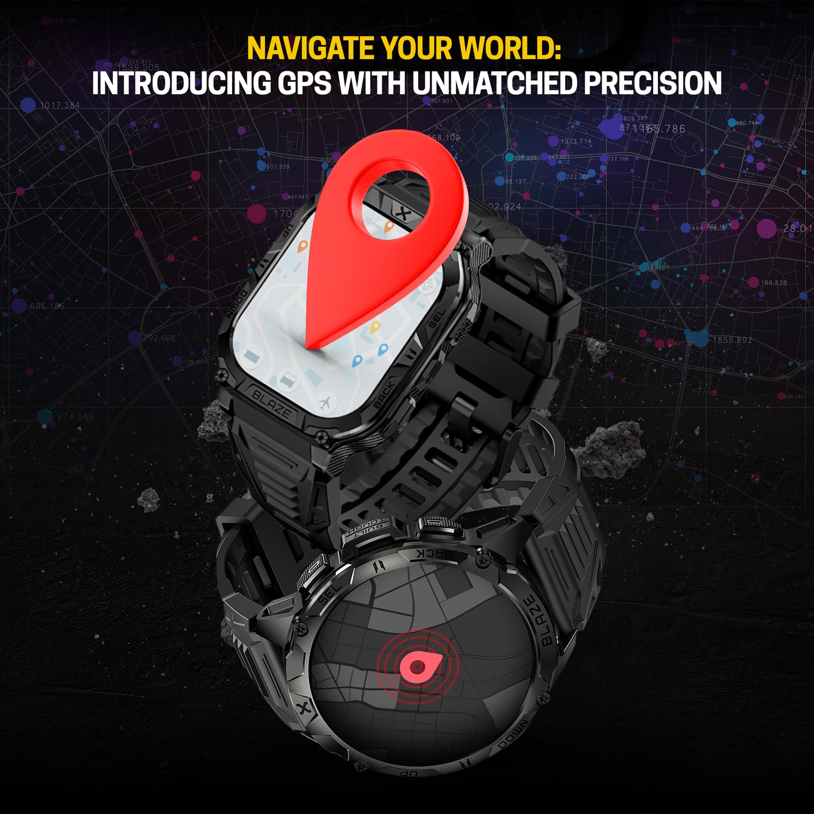 CARBINOX Blaze Smart Watch - GPS, Rugged Fitness Tracker, Waterproof IP69K, 170+ Sports Modes, Compatible with Android/iOS, Black